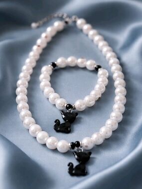 Unique White Bead Necklace with Black Cat Charm Bracelet